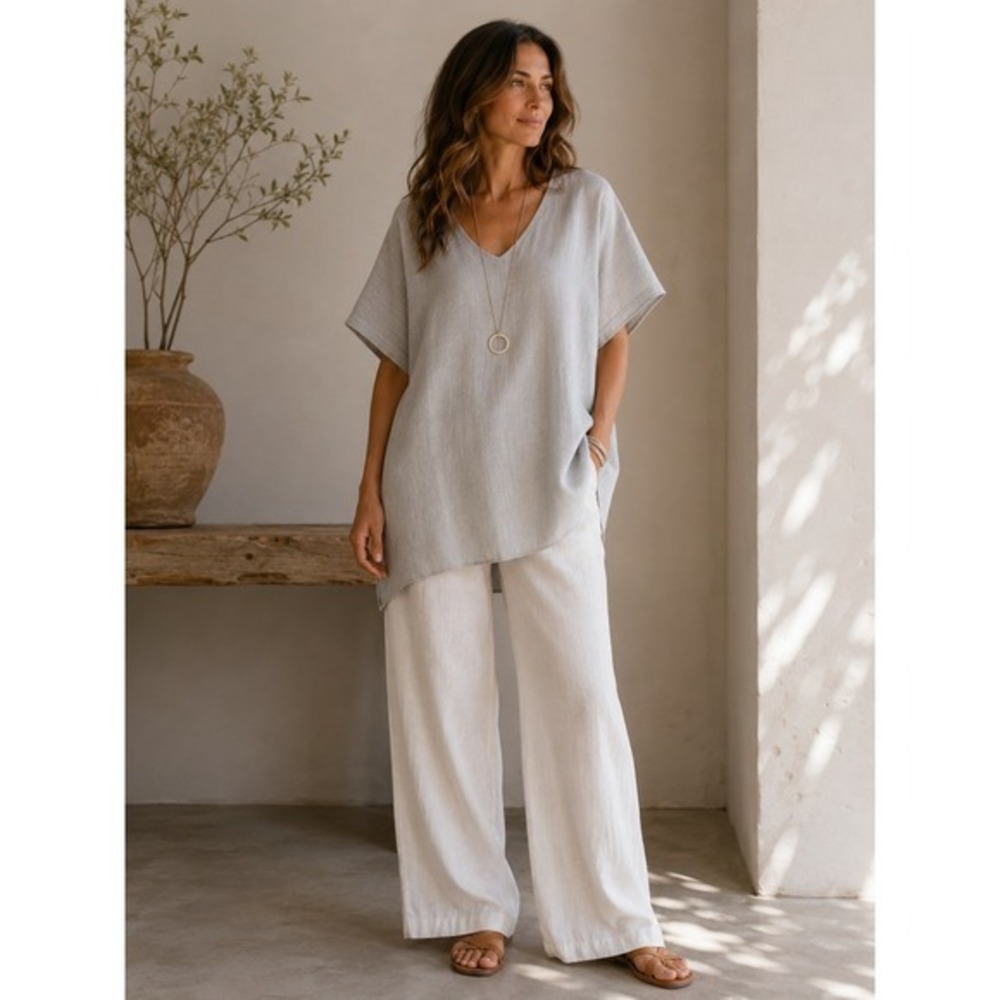 Eileen Fisher Organic Linen V-Neck Tunic Top Grey Melange Short Sleeve Oversized